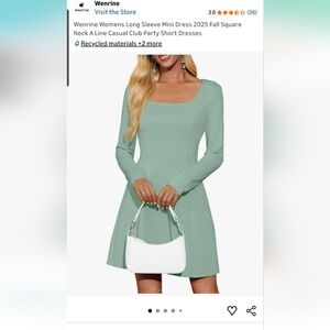 Wenrine Long Sleeve Mint Mini Dress. Square Neck. A Line. Lined.
